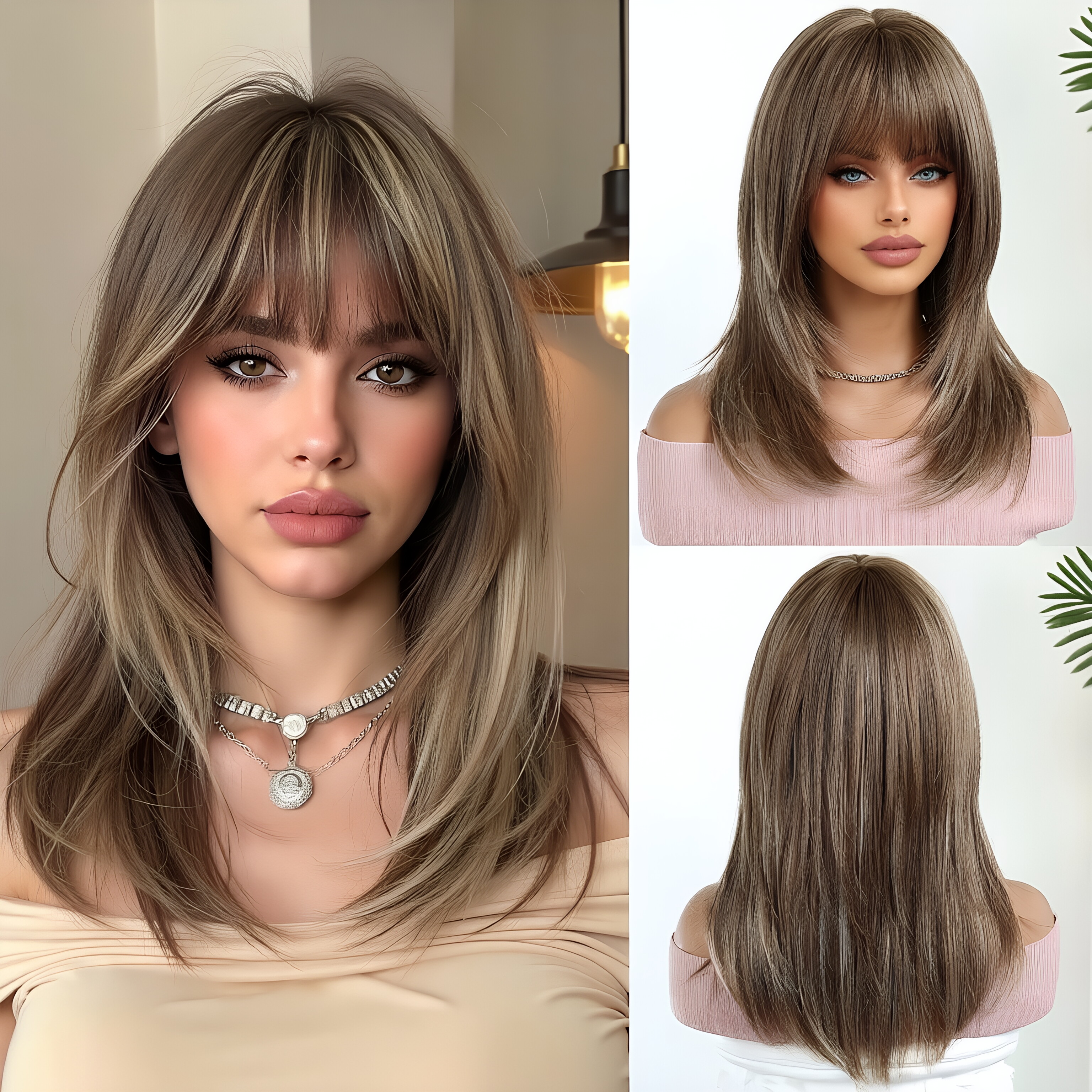 Wig Fiber Net - Daily light brown wig, headband, temperament,